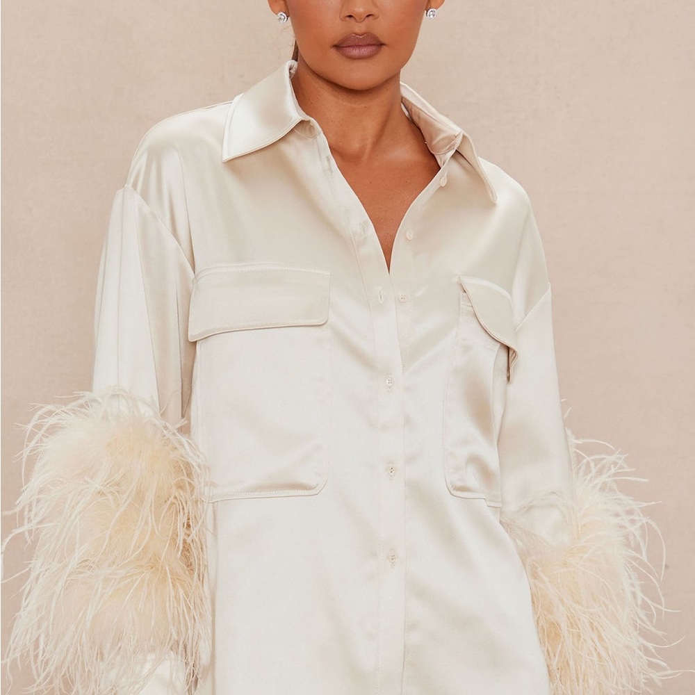 Elegant Cream Satin Shirt with Feather Cuffs